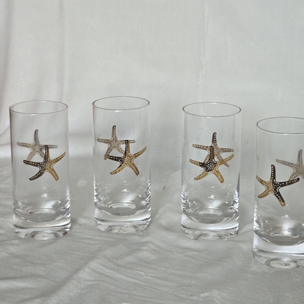 Neiman Marcus Heavy Bottom Glasses Clear with  Real Gold Starfish Designs Set